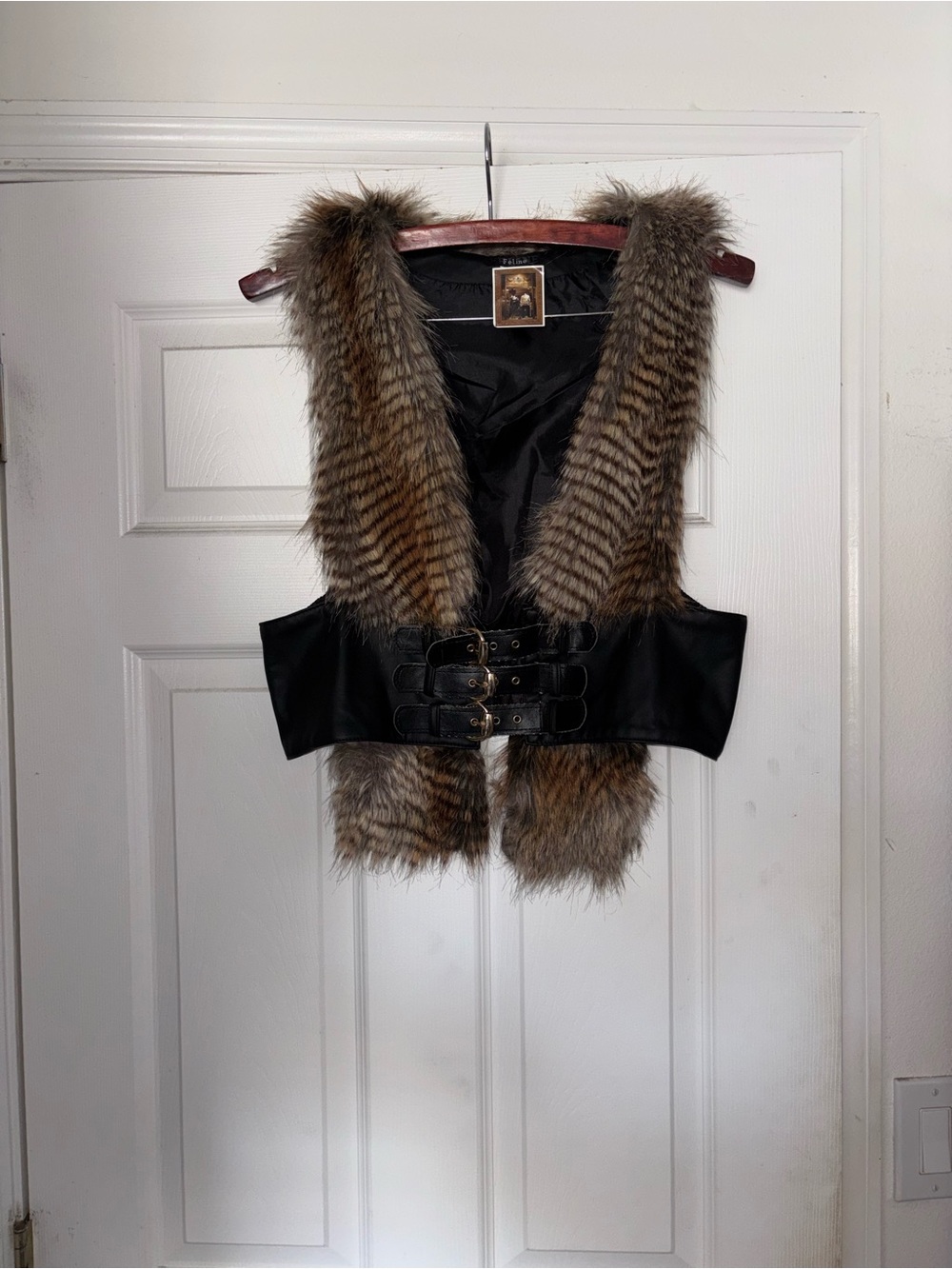 Faux Fur Trim Black Belted Vest - Brown Fur never seen worn